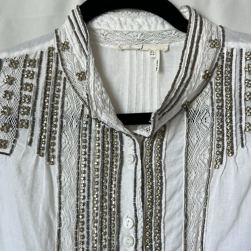 Floreat Anthropologie Rhinestone and Lace Button Down Linen Shirt - Picture 2 of 11